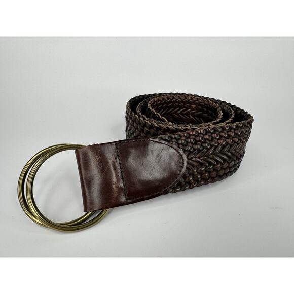 Talbots Accessories - Vintage Talbots Wide Woven Leather Double Brass Ring Belt Brown M 42” Boho Retro